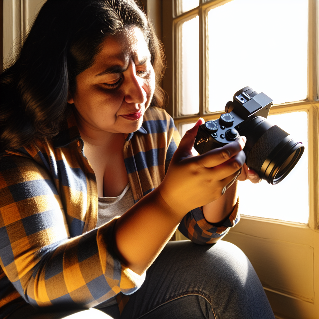 An enthusiastic Hispanic female photographer carefully examines a new mirrorless camera body in her hands while seated b