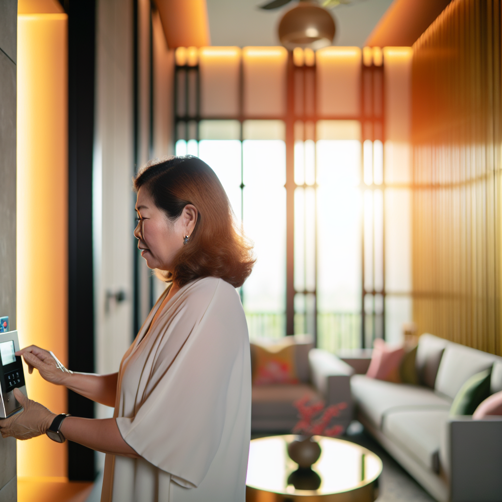 Create an editorial lifestyle photograph illustration. Picture a middle-aged East Asian woman adjusting the temperature 