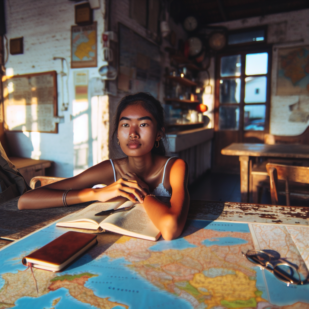 Illustrate an editorial lifestyle scene. Depict a youthful South Asian female traveler sitting at a weathered wooden tab