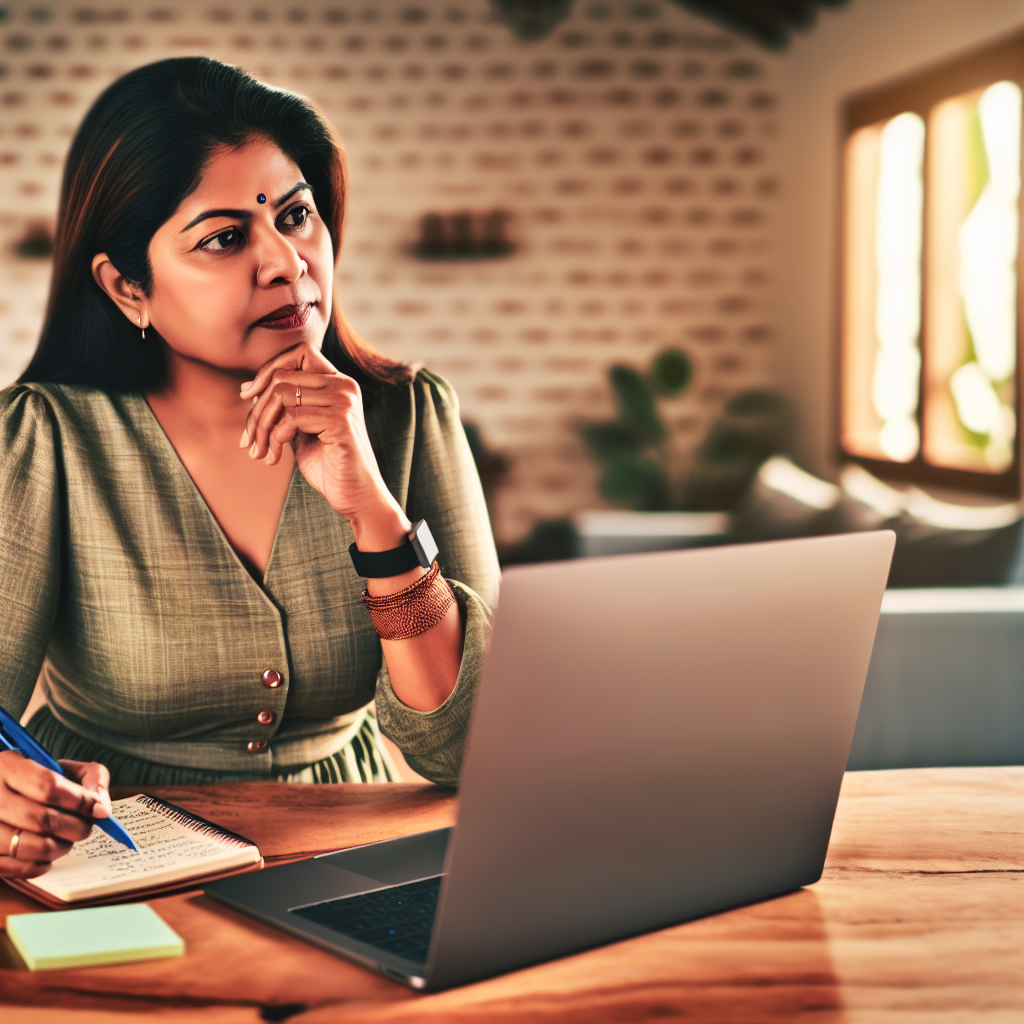 Create a photorealistic image in the style of a magazine editorial. Picture a thoughtful South Asian female small busine